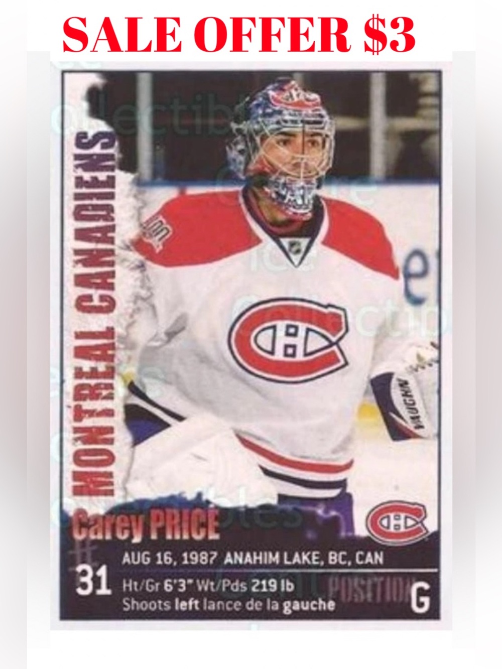 Carey Price 2009/10 Panini Montreal Canadiens Hockey Sticker Card